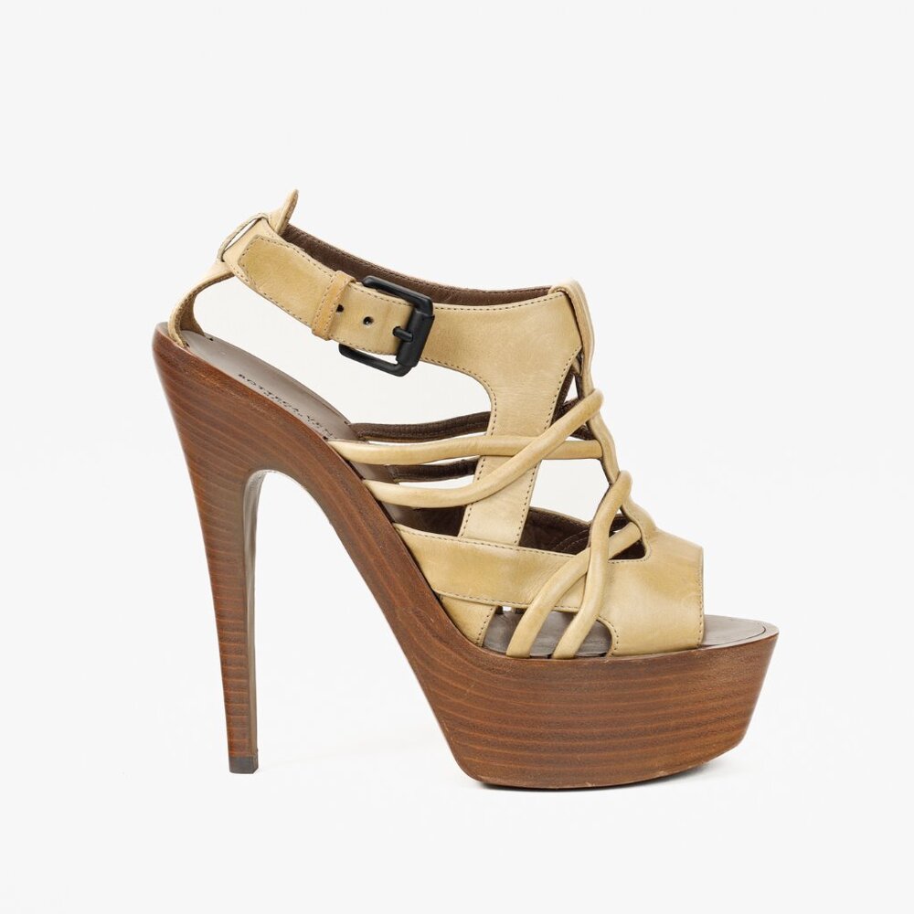 Bottega Veneta Brown Khaki Cage Wooden Platform Stiletto Sandal